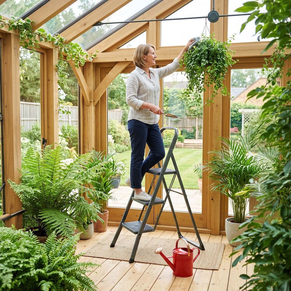 Woman cleaning a hanging plant in a conservatory from a Haltons 3 step folding ladder