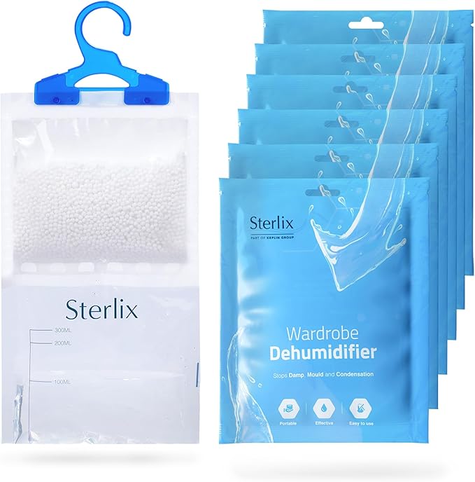 Sterlix 6, 12, 18 Pack Wardrobe Dehumidifier Hanging Bags With Moisture Trap Crystals, Damp Absorber, Mould, Condensation, Perfect Hanging Dehumidifier For Wardrobes, Closets, Bookcases & Small Rooms