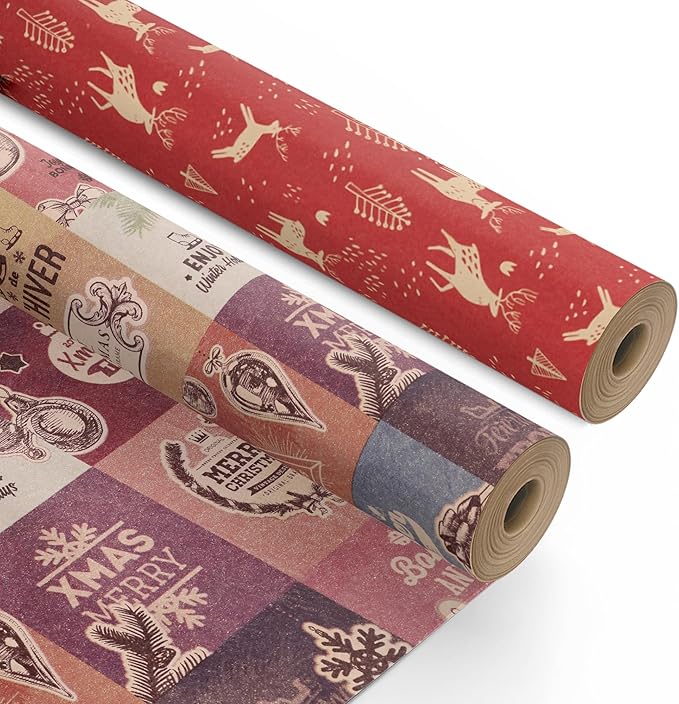 Kraft & Co 2 Pack Christmas Wrapping Paper Roll - Festive Designed Recyclable Kraft Paper, Perfect for Holiday Gifts, Arts & Crafts-Wrapping for a Merry Christmas (44.5cm x 25m)