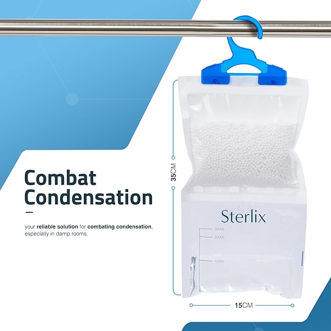 Sterlix 6, 12, 18 Pack Wardrobe Dehumidifier Hanging Bags With Moisture Trap Crystals, Damp Absorber, Mould, Condensation, Perfect Hanging Dehumidifier For Wardrobes, Closets, Bookcases & Small Rooms