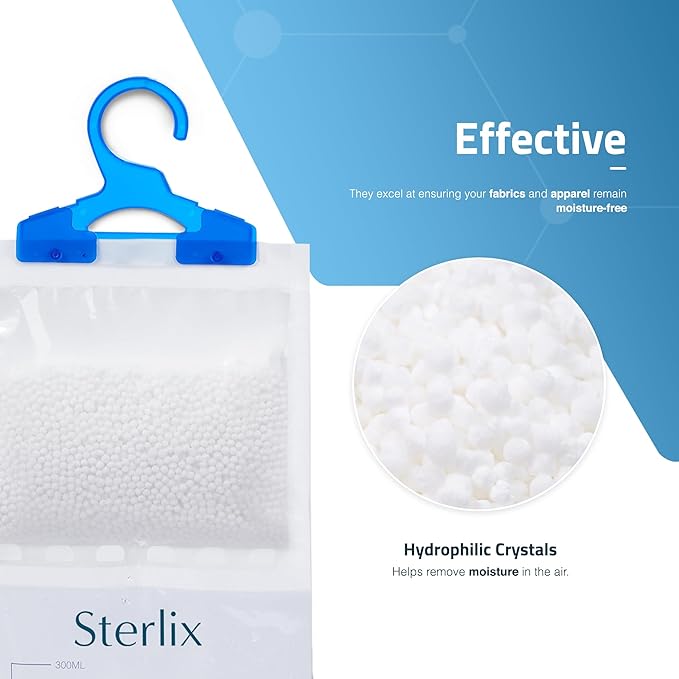 Sterlix 6, 12, 18 Pack Wardrobe Dehumidifier Hanging Bags With Moisture Trap Crystals, Damp Absorber, Mould, Condensation, Perfect Hanging Dehumidifier For Wardrobes, Closets, Bookcases & Small Rooms