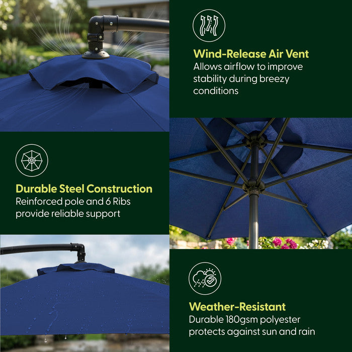 3m navy blue cantilever parasol close-ups showing wind-release air vent, 6-rib steel frame hub and weather-resistant 180gsm polyester canopy