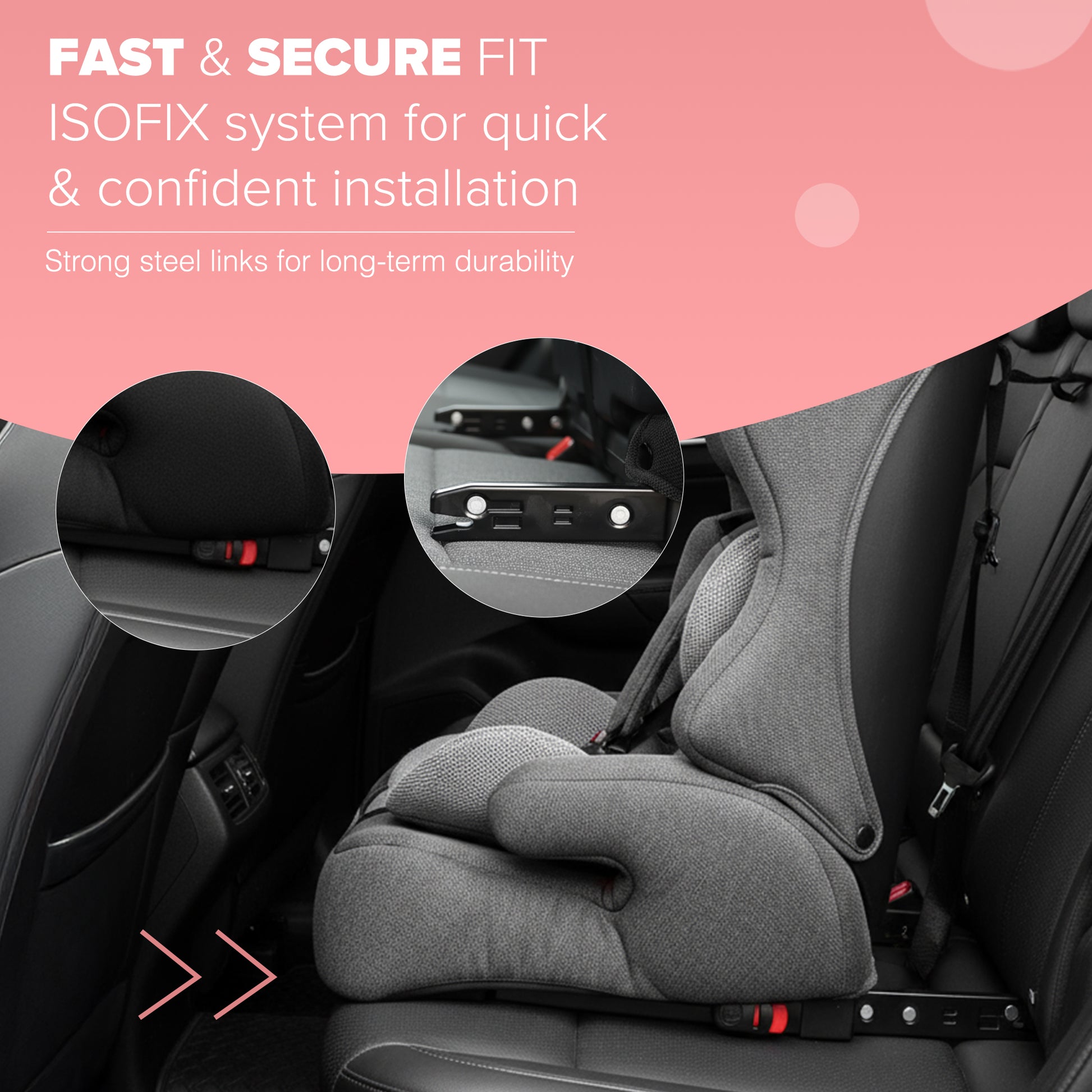 Grey ISOFIX car seat cushioned recline – comfortable forward-facing seat for toddlers and older children