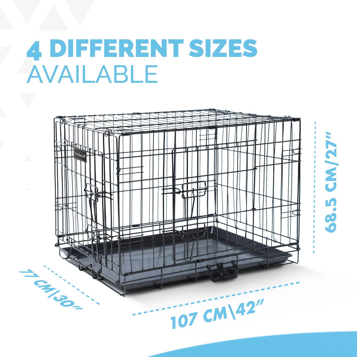 FurDreams 42-Inch Heavy Duty Dog Crate – Black Metal Folding Cage with Dual Doors, Chew-Resistant Plastic Tray, and Carry Handle – Perfect for Puppy Training