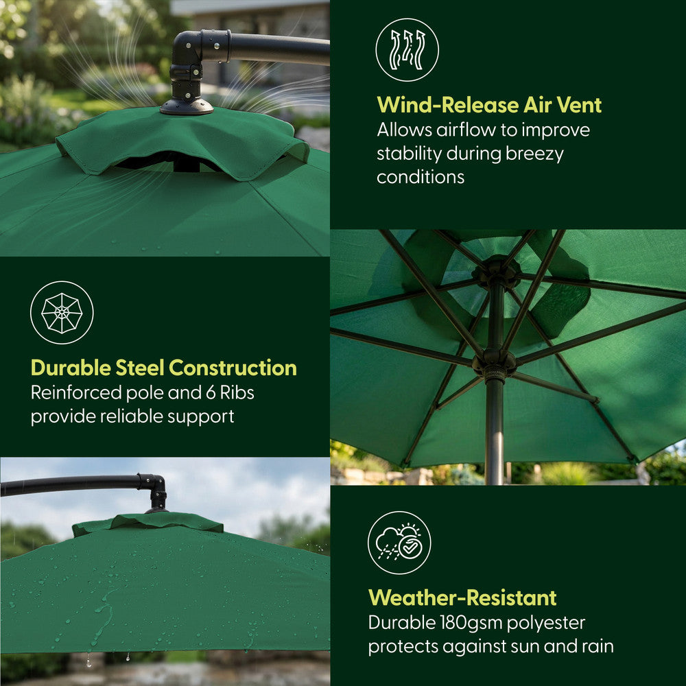 3m green cantilever parasol close-ups – wind-release air vent, 6-rib steel frame hub and water-repellent 180gsm polyester canopy fabric