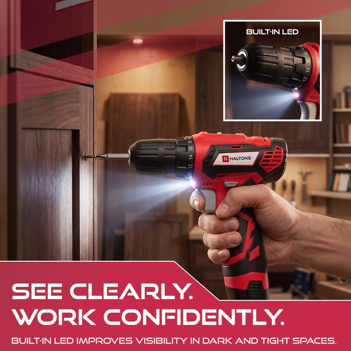 Haltons cordless drill with built-in LED light for drilling in dark cupboards and tight spaces