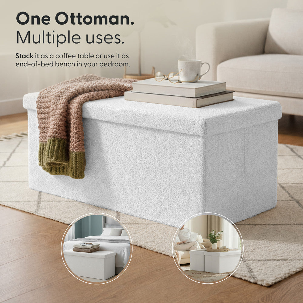 KEPLIN Storage Ottoman Bench 76×38×38 cm – Large 90 L Hidden Storage, Rapid Fold‐Flat Design, 150kg Load Capacity, Tufted Teddy Fabric Finish – Ideal for Hallway, Bedroom, Living Room