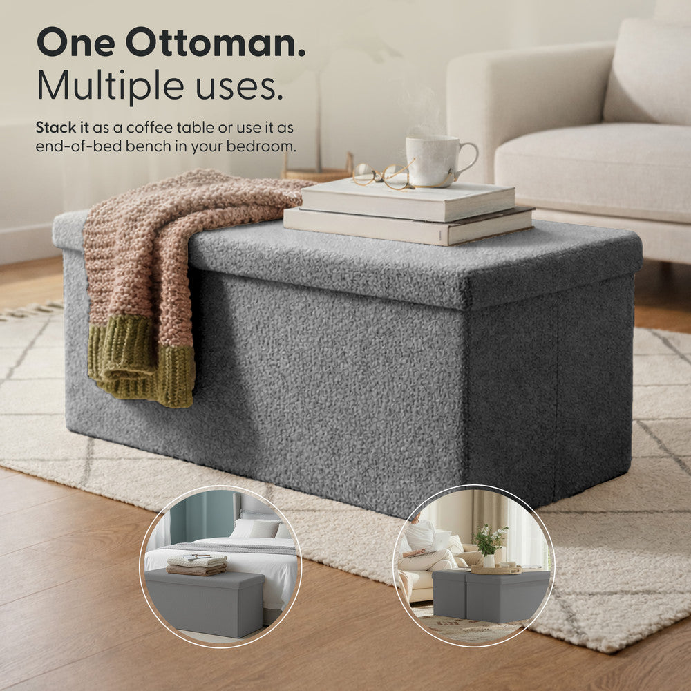 KEPLIN Storage Ottoman Bench 76×38×38 cm – Large 90 L Hidden Storage, Rapid Fold‐Flat Design, 150kg Load Capacity, Tufted Teddy Fabric Finish – Ideal for Hallway, Bedroom, Living Room