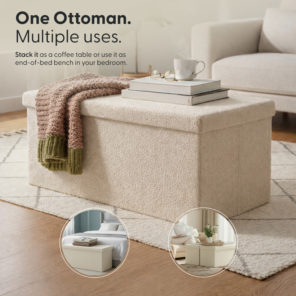 KEPLIN Storage Ottoman Bench 76×38×38 cm – Large 90 L Hidden Storage, Rapid Fold‐Flat Design, 150kg Load Capacity, Tufted Teddy Fabric Finish – Ideal for Hallway, Bedroom, Living Room