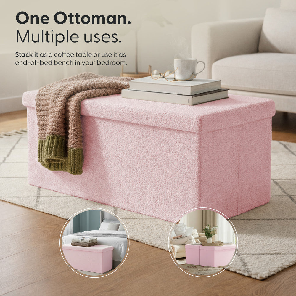 KEPLIN Storage Ottoman Bench 76×38×38 cm – Large 90 L Hidden Storage, Rapid Fold‐Flat Design, 150kg Load Capacity, Tufted Teddy Fabric Finish – Ideal for Hallway, Bedroom, Living Room