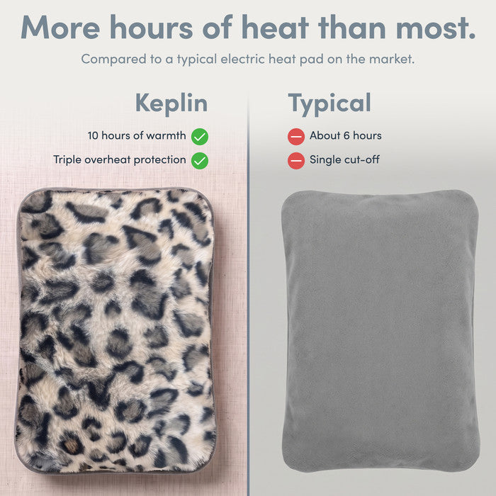 Animal Print electric hot water bottle vs typical heat pad, 10 hours heat and cut-off