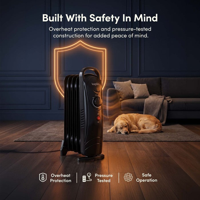 Black oil filled radiator with overheat protection and pressure-tested safety shield graphic