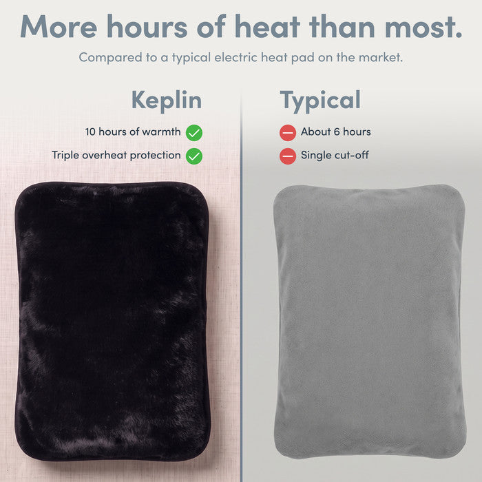 Black electric hot water bottle vs typical heat pad, 10 hours heat and triple cut-off