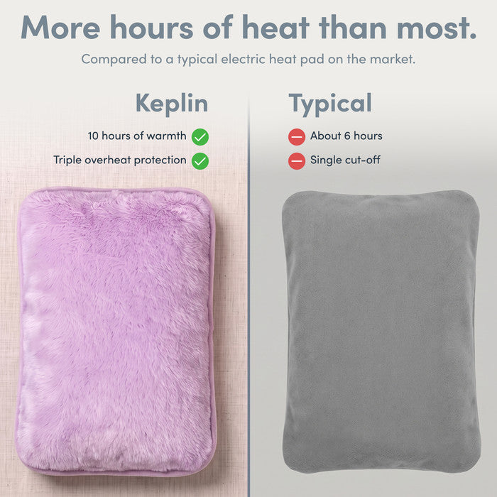 Lilac electric hot water bottle vs typical heat pad, 10 hours heat and triple cut-off