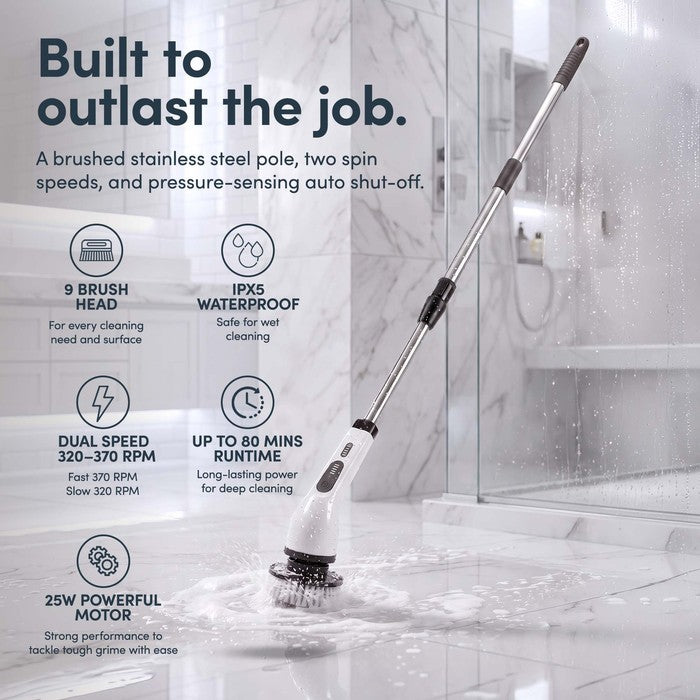 Electric spin scrubber features: IPX5 waterproof, dual-speed 370rpm/320rpm, 80-minute runtime