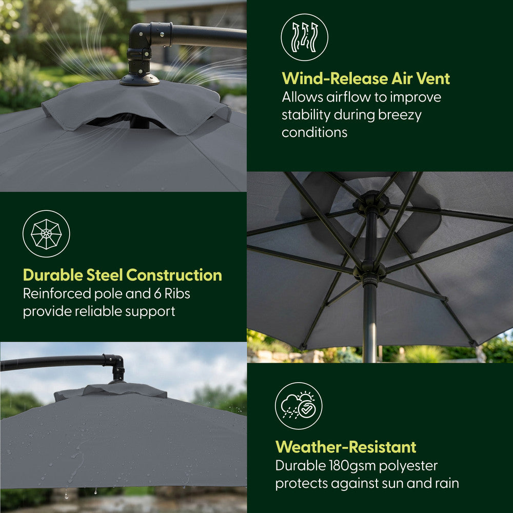 3m grey cantilever parasol close-ups – wind-release air vent, 6-rib steel frame hub and water-repellent 180gsm polyester canopy