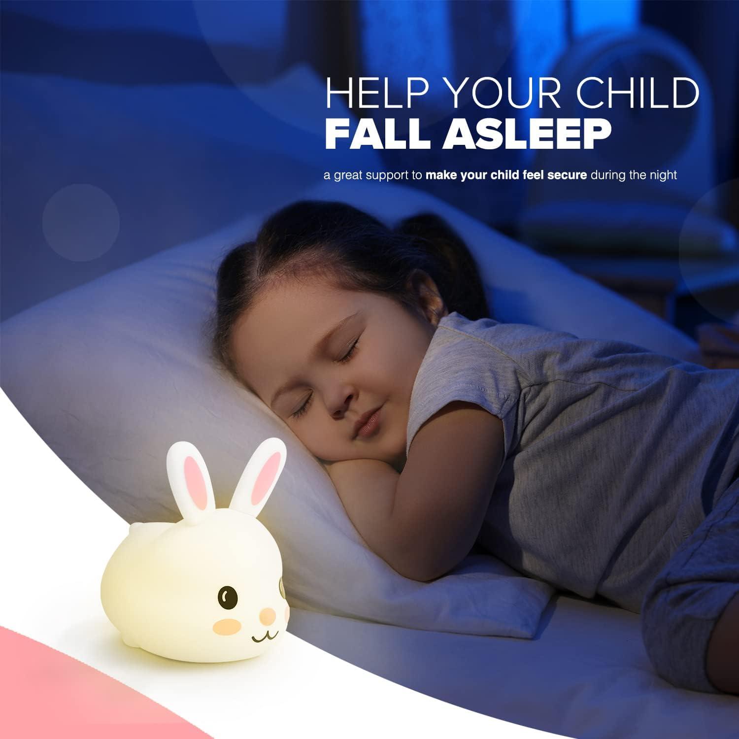 Kidoola Bunny Night Light | 6-Color Touch-Change LED Nightlight Lamp | BPA-Free Kawaii Silicone Rabbit | Rechargeable Battery | Cute Nursery Decor & Sleep Accessory [Energy Class A]