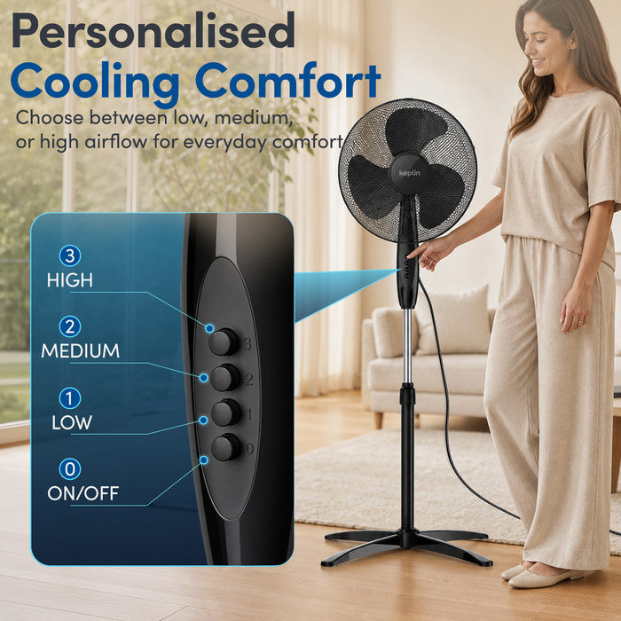 16 inch pedestal fan 3-speed control panel showing low, medium and high settings