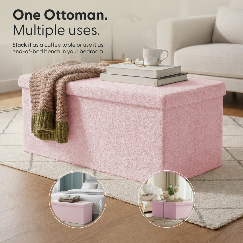 KEPLIN Storage Ottoman Bench 76×38×38 cm – Large 90 L Hidden Storage, Rapid Fold‐Flat Design, 150kg Load Capacity, Tufted Teddy Fabric Finish – Ideal for Hallway, Bedroom, Living Room