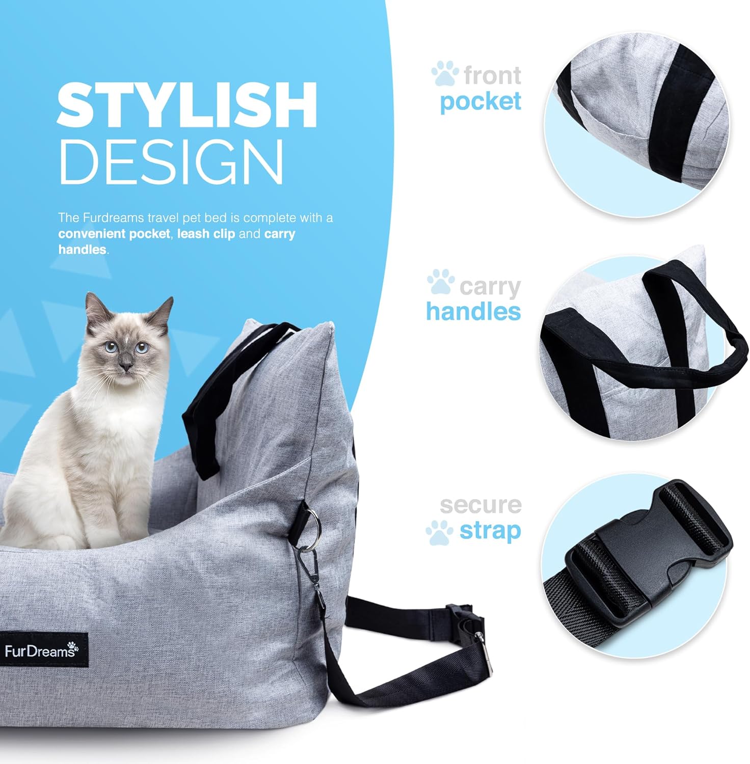 FurDreams Cosy Travel Pet Bed - Portable Car Seat Booster & Carrier with Short & Long Straps, Pocket, Leash, Removable Cushion & Waterproof Base - Ideal for Dogs & Puppies Up to 10kg, Indoor & Outdoor Comfort