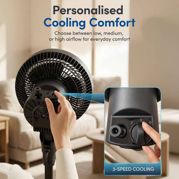 Black pedestal fan 3-speed rotary dial showing low, medium and high cooling settings