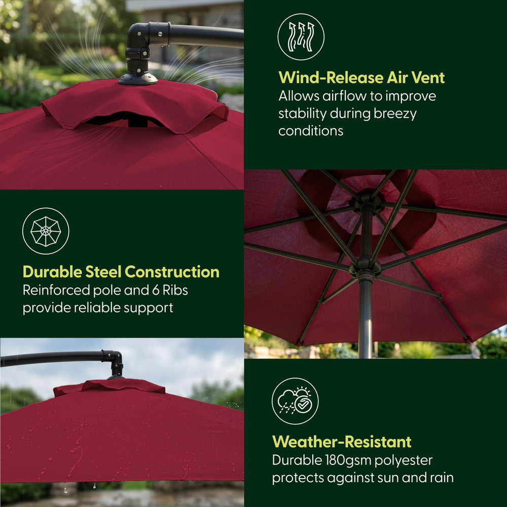 3m burgundy cantilever parasol close-ups – wind-release air vent, 6-rib steel frame hub and water-repellent 180gsm polyester canopy