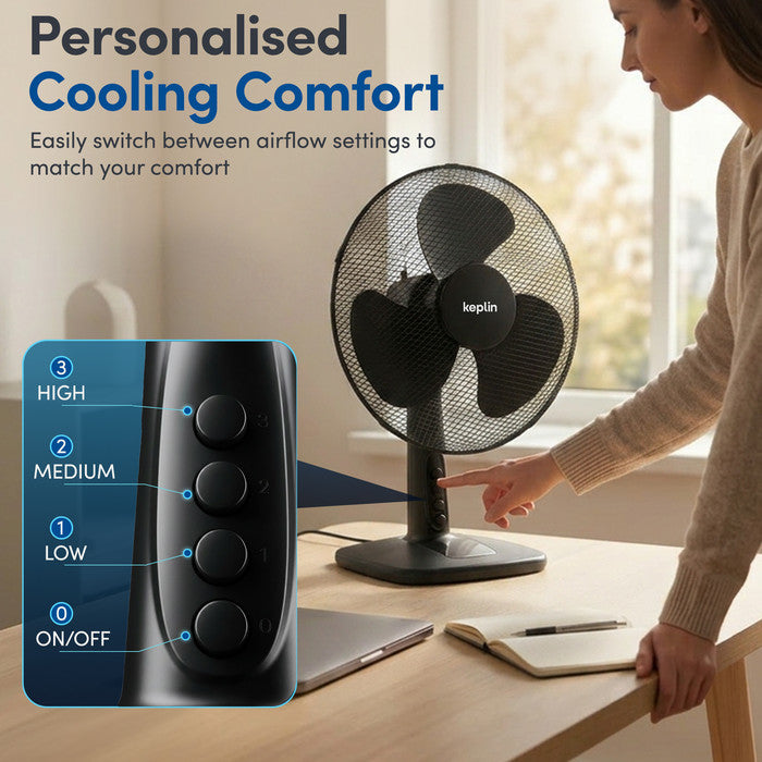 Black 12 inch table fan with 3 speed settings – low, medium and high cooling modes
