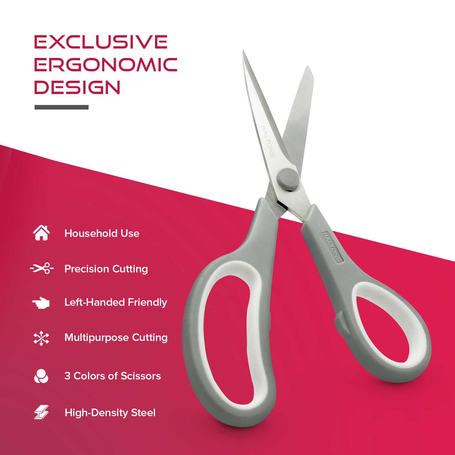Haltons Multipurpose Scissors - Pack of 3 - Ultra Sharp Thickened Blades - Comfort-Grip Handles - Ergonomic Design - Reinforced Hinge - Metal & Plastic - 21x7.6 cm - Home, Office, Craft, Kitchen