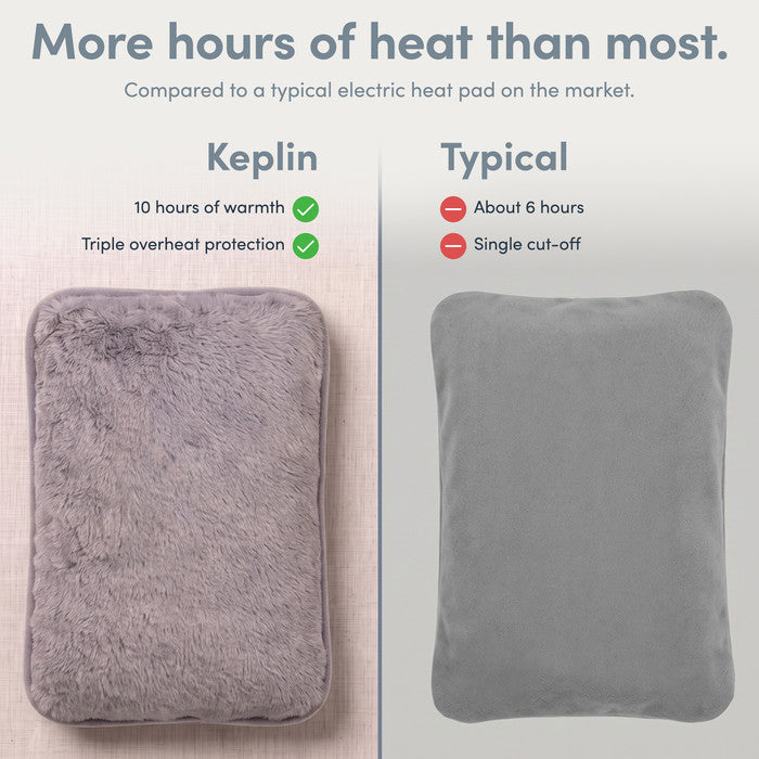 Grey electric hot water bottle vs typical heat pad, 10 hours heat and triple cut-off
