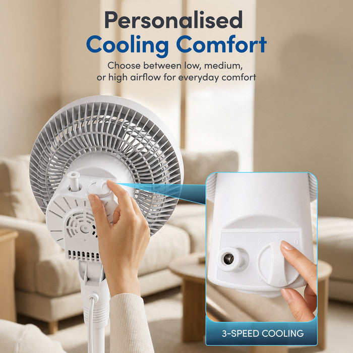 White pedestal fan 3-speed rotary dial showing personalised low, medium and high cooling settings