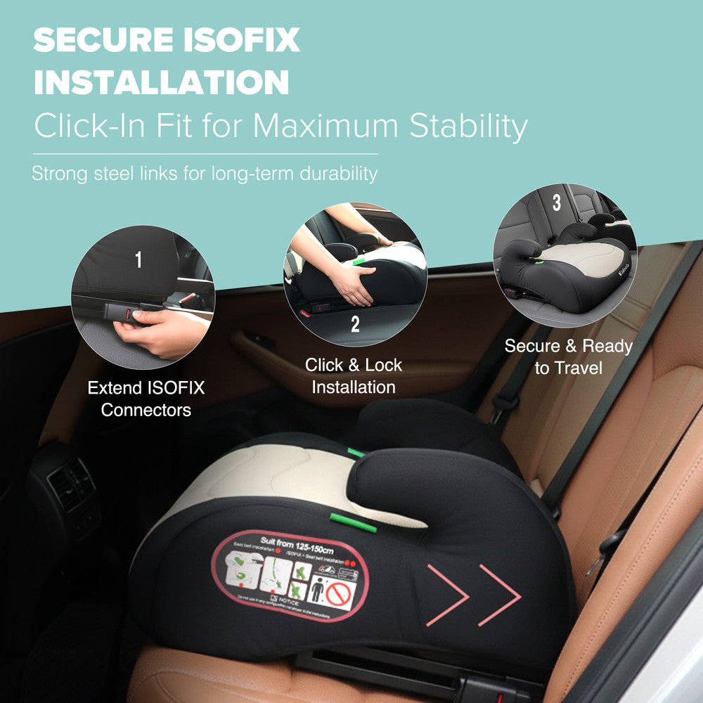 Cream grey booster seat cushion detail – soft padded ISOFIX car seat for comfortable journeys