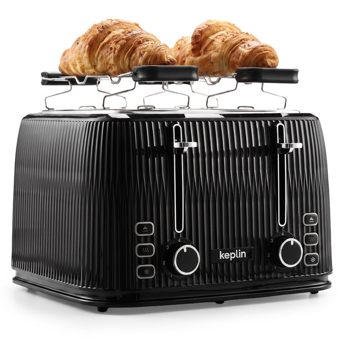 Keplin 4 slice toaster in black with croissants on the warming rack