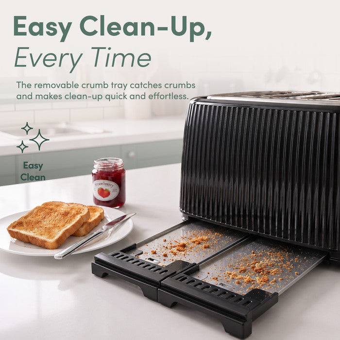 Keplin 4 slice toaster with removable crumb trays open beside toast and jam