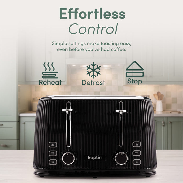 Keplin 4 slice toaster control panel with reheat, defrost and stop buttons on both sides