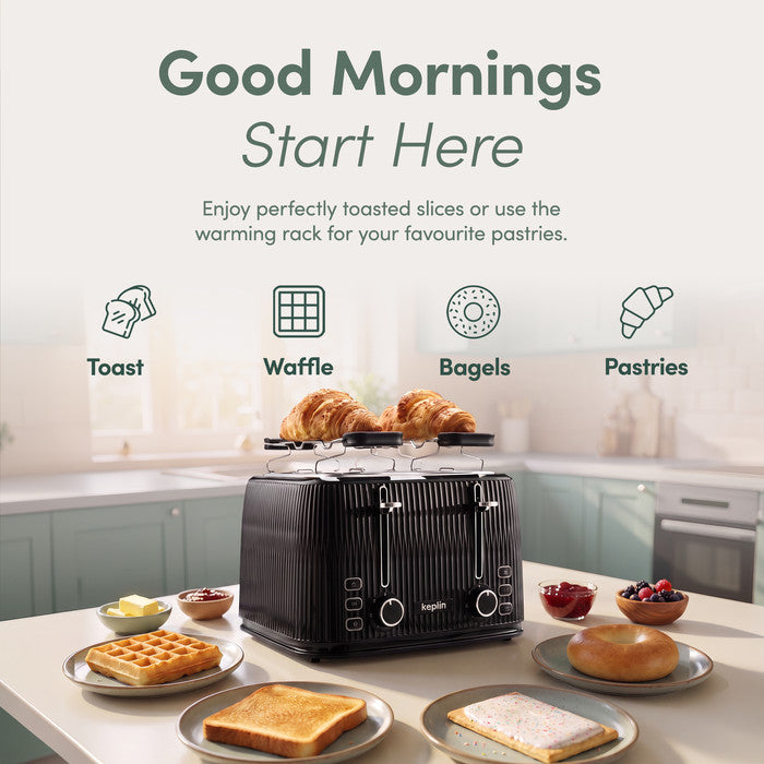 Keplin 4 slice toaster warming rack holding croissants above waffles, bagels and pastries