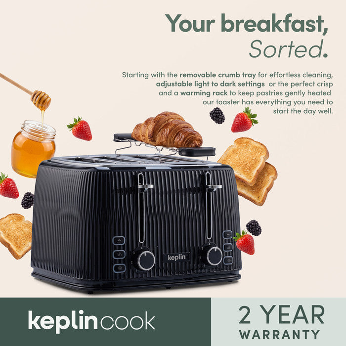 Keplin 4 slice toaster with crumb tray, browning settings and warming rack callouts, 2 year warranty