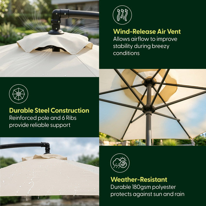 3m cream cantilever parasol close-ups showing wind-release air vent, 6-rib steel frame hub and weather-resistant 180gsm polyester canopy