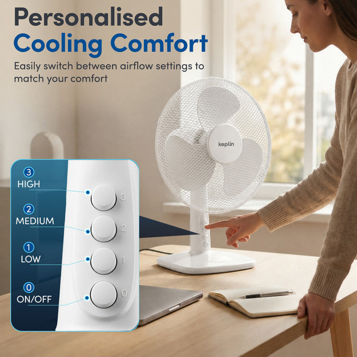 White 12 inch table fan with 3 speed settings – low, medium and high cooling modes