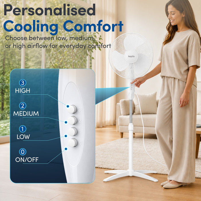 16 inch white pedestal fan 3-speed control panel showing low, medium and high settings
