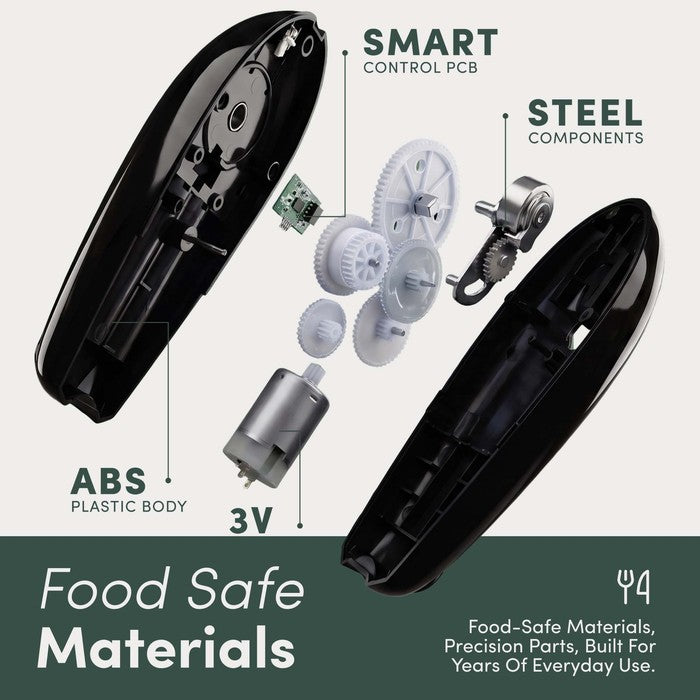Keplin electric can opener internal parts showing ABS plastic body, steel components and control PCB