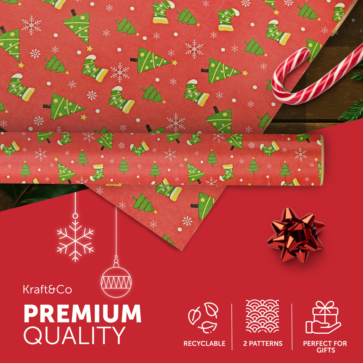 Kraft & Co – 3 Pack Kraft Christmas Wrapping Paper Rolls 69cm x 8m, Recycled & Eco-Friendly Gift Wrap with 15 Tags & 3-Color Twine, Christmas Wrap Tear-Resistant – image 24
