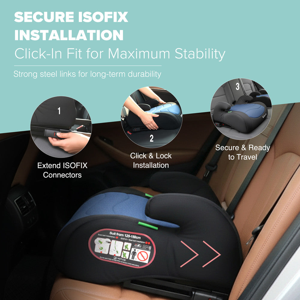 Blue backless booster seat top view – compact child car seat for school runs and family travel