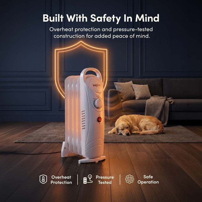 White oil filled radiator with overheat protection and pressure-tested safety shield graphic