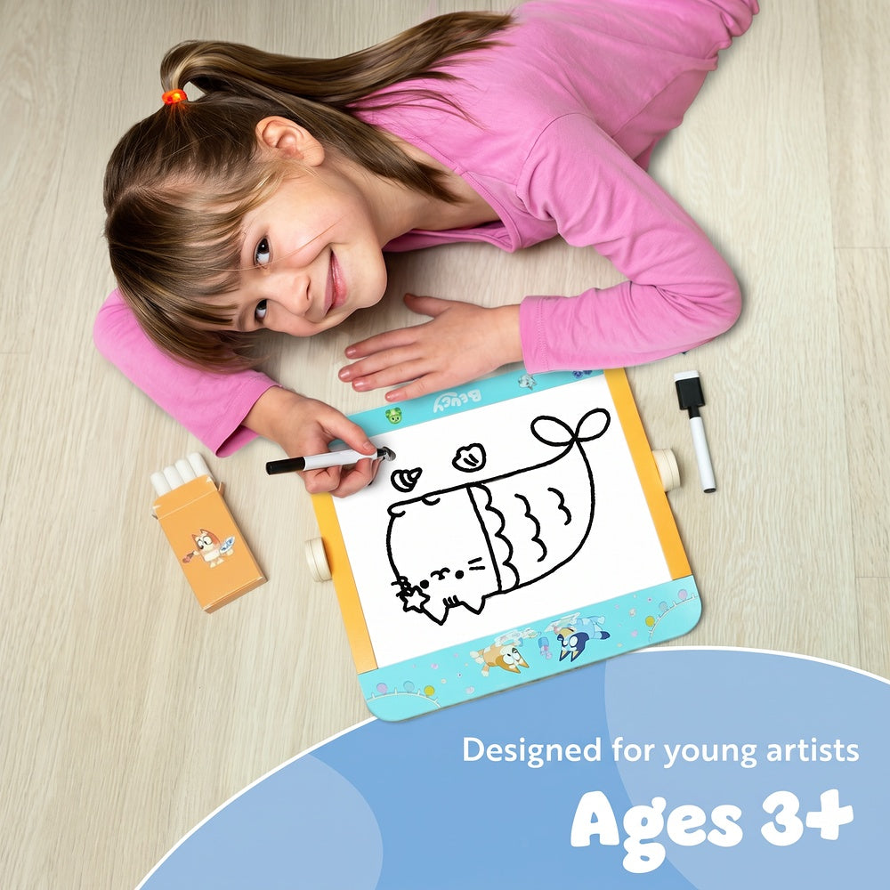 Official Bluey tabletop easel with chalk and marker – portable kids drawing board 30x25x20cm unfolded