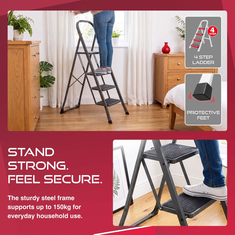 Woman on a Haltons 4 step folding ladder reaching bedroom curtains with a protective rubber foot detail