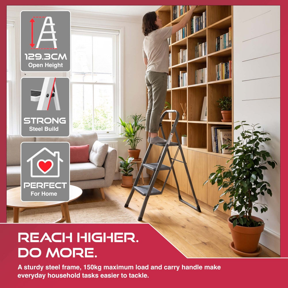 Haltons 4 step folding ladder with 129.3cm open height used to reach a living room bookshelf