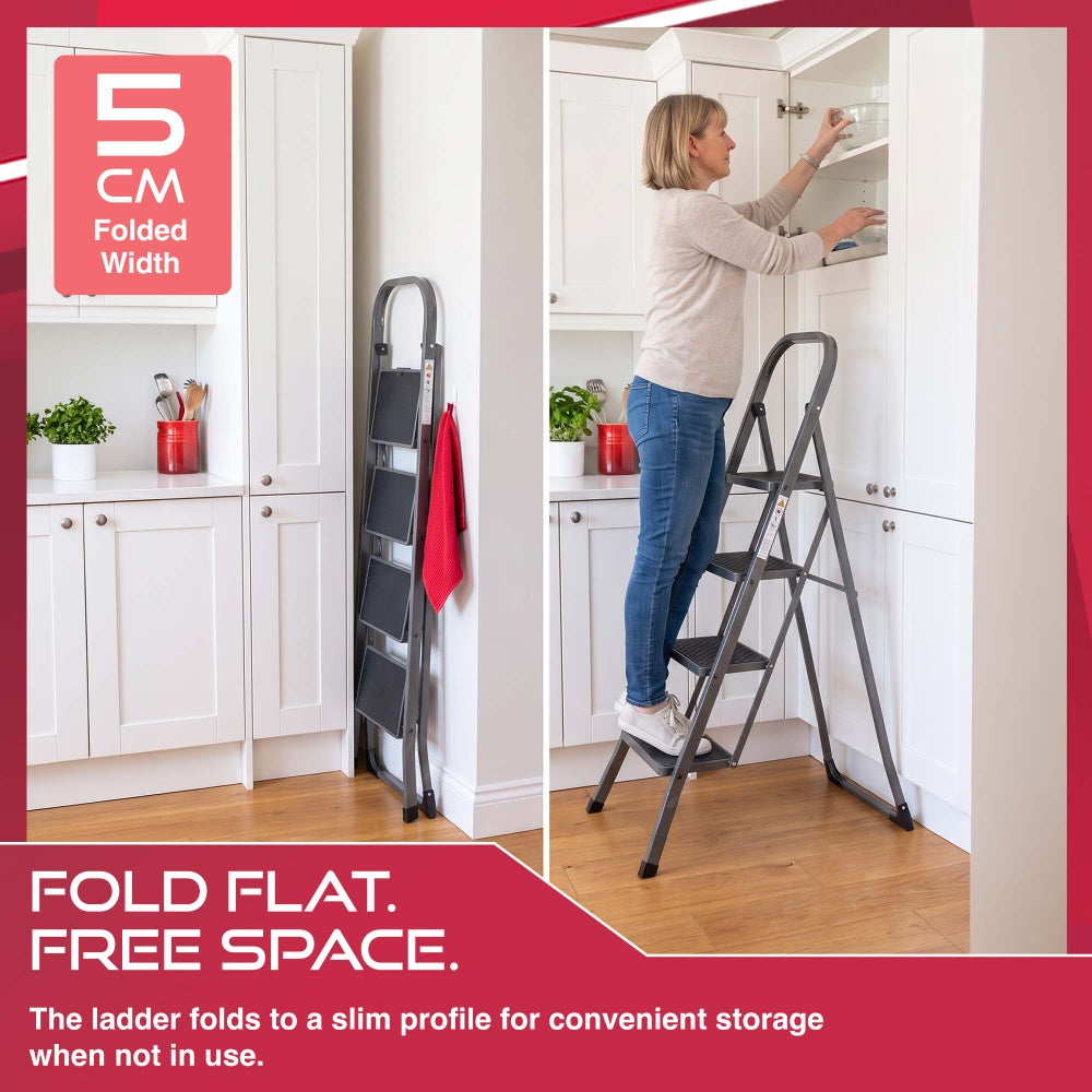 Haltons 4 step ladder folded to 5cm wide beside kitchen cupboards and in use at a wall cabinet