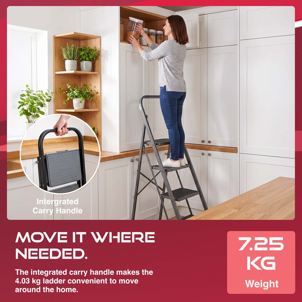 Haltons 4 step ladder with integrated carry handle weighing 7.25kg used in a kitchen