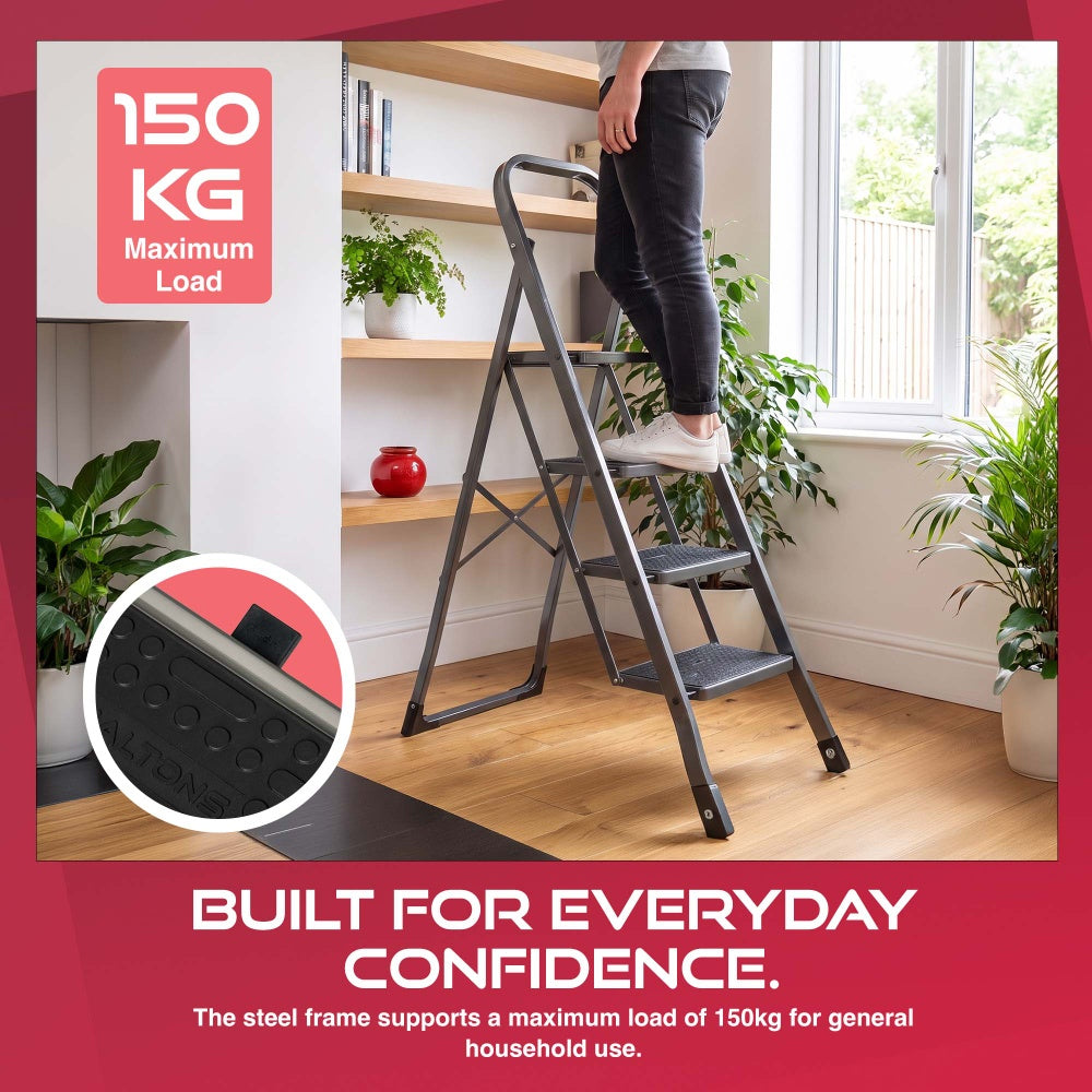 Haltons 4 step ladder with 150kg maximum load and a close up of the anti-slip step mat
