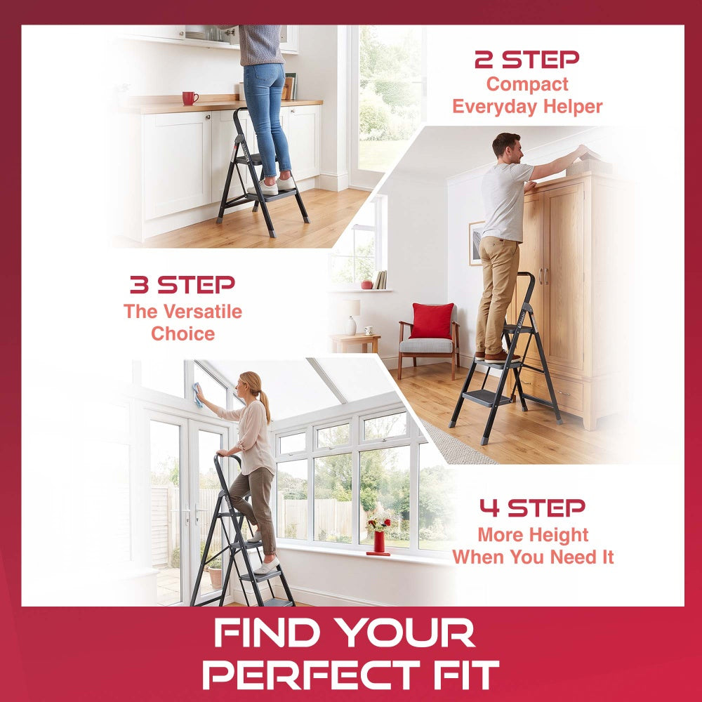 Haltons folding step ladder range from 2 step to 4 step in a kitchen and bedroom and conservatory